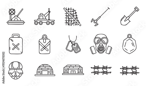 Collection of outlined monochrome icons representing military, survival, exploration tools, and protective equipment suitable for game assets or infographic visual aids