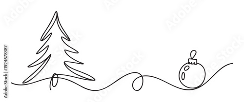 A simple continuous line drawing of a festive Christmas tree and an ornament flowing together, ideal for holiday season greetings, seasonal marketing, or minimalist winter celebration