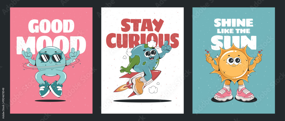 Fototapeta premium inspirational, motivational cards with retro cartoon characters. Earth, Sun, Planet with emotions. Illustrations for t-shirt print or poster design. 