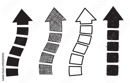 Set of four upward trending arrows with varied doodle textures and segmented bodies illustrating progress concepts for business presentations and infographics