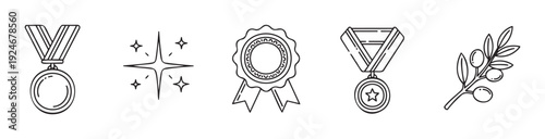 Line icons representing achievement, victory, and excellence with award medals, a sparkling star, a rosette ribbon, and an olive branch, useful for sports, education, and corporate