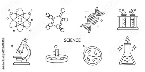 A comprehensive collection of outline science icons representing laboratory instruments, fundamental atomic structures, and biological elements, perfect for educational content and