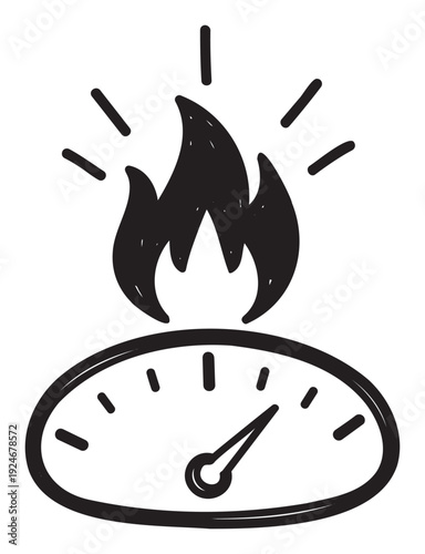 Hand drawn illustration of a gauge with a flame on top symbolizing high performance, intense speed, or maximum measurement, suitable for energetic and dynamic marketing campaigns.