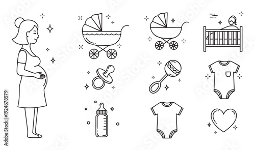 Pregnant woman and baby items line icons for maternity clinic advertising, newborn product promotion, prenatal education, and parenting resources
