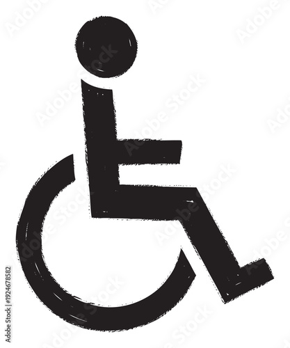 A distressed brushstroke style symbol representing accessibility for individuals with disabilities using a wheelchair, ideal for signage, websites, or informational graphics related to
