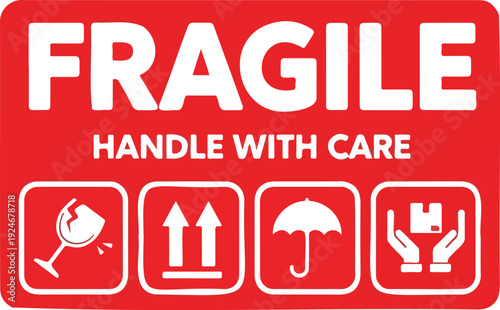 Fragile Handle With Care shipping label vector with broken glass, up arrows, umbrella, and package icons on red background