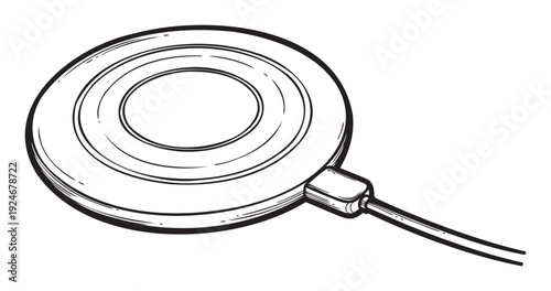 Sleek black and white line drawing depicting a modern circular wireless charging pad with its connected power cable, ideal for tech publications, product showcases, and electronic device