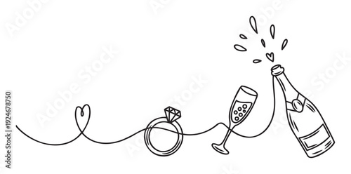 Continuous line drawing of a heart, engagement ring, champagne glass, and bottle with popping bubbles, perfect for celebrating love, proposals, weddings, and special romantic occasions.
