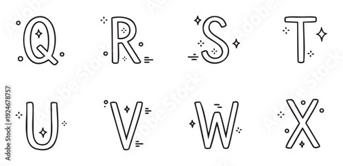 Playful uppercase doodle alphabet letters with sparkling accents, perfect for childrens books, educational resources, creative graphic design projects, and fun typography applications