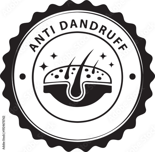 Anti-dandruff hair treatment vector icon in black and white badge style. Scalp with hair follicles and dandruff flakes with sparkling effect.
