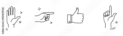 Modern line icons of human hand gestures including open palm, pointing finger, thumbs up sign, and index finger raised for various communication and interactive media applications.