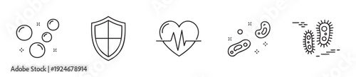 Collection of line icons symbolizing hygiene, overall health, and defense against germs, suitable for healthcare industry presentations, wellness product branding, and public safety