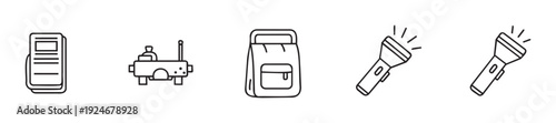 Contemporary line icon representation of versatile tools and objects including organized documents, an autonomous rover, an adventureready backpack, and illuminating flashlights, ideal for
