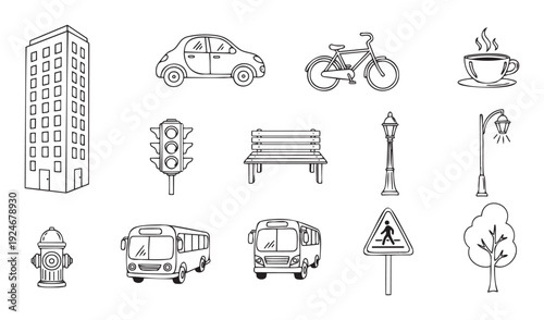 A comprehensive set of outlined urban objects featuring buildings various vehicles street furniture and road signs ideal for creating map icons educational content or cityscape graphic