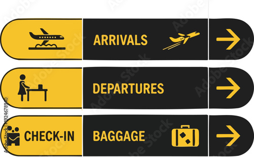 Airport navigation signs vector set with arrivals, departures, check-in, and baggage icons. Yellow and black flat style.