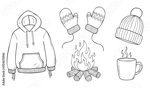 Cozy winter comfort collection with a warm hooded sweatshirt, knitted mittens, a pompom hat, a steaming mug, and a comforting campfire, perfect for seasonal promotions.