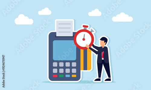 Businessman Holding Stopwatch Near EDC Machine Illustration of Payment Due Date and Transaction Deadline Concept