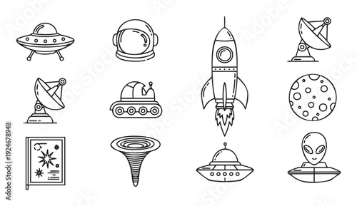 Versatile collection of space and science fiction line icons featuring rockets, UFOs, astronaut helmets, and celestial bodies, ideal for educational content, game design, and digital