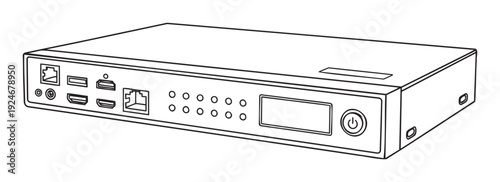 A detailed line drawing of a multimedia switcher or network hub with various connectivity ports including Ethernet, USB, and HDMI, ideal for tech product visuals and diagrams.