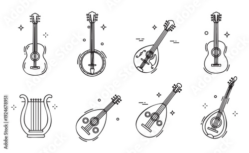 A diverse collection of musical string instruments featuring guitars, banjos, mandolins, ouds, and a lyre, presented in a minimal line style for musicthemed applications, educational