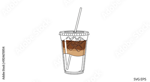 Refreshing Iced Coffee Drink in Clear Plastic Cup with Straw, Hand-Drawn Line Art