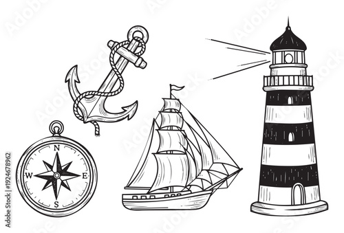 Nautical exploration themed collection featuring an anchor, sailing ship, lighthouse, and compass ideal for marine travel designs, maritime history projects, and ocean adventure publications
