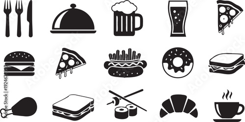 Food and drink glyph icon collection. Includes cutlery, cloche, beer, soda, pizza, burger, hot dog, donut, sandwich, chicken leg, sushi, croissant