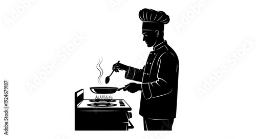 Black silhouette of a chef cooking on a stove