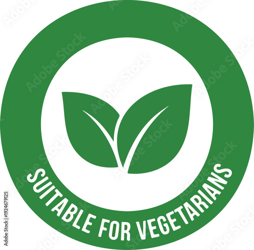 Green circle label with two leaves and "SUITABLE FOR VEGETARIANS" text
