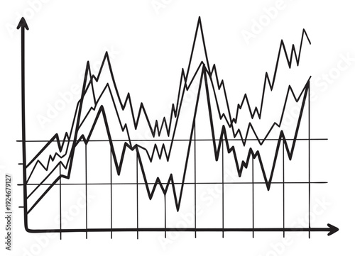 Hand drawn business graph displaying multiple fluctuating data lines on a simple coordinate system for illustrating financial trends, market analysis, and educational presentations.