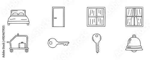 Outline icons featuring a hotel bed, room door, window, key, luggage cart, and reception bell, perfect for hospitality service infographics and travel application interfaces.