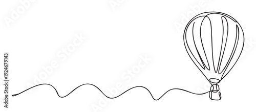Continuous line drawing of a hot air balloon with a flowing wavy path, symbolizing journey and freedom, perfect for travel promotions or inspirational content
