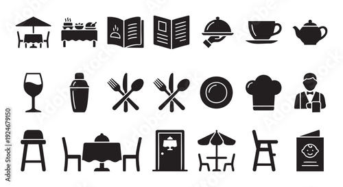Essential collection of restaurant and food service icons, featuring dining elements, kitchen tools, beverages, and staff symbols, ideal for culinary and hospitality project needs