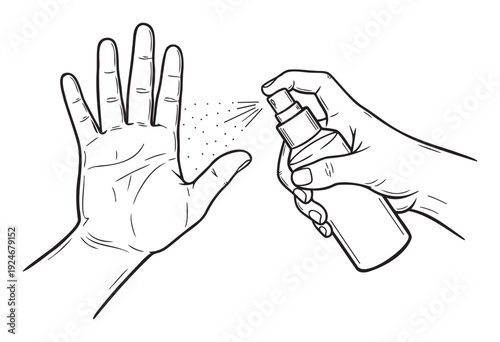 Human hand being sanitized by disinfectant spray bottle, illustrating essential personal hygiene practices for health safety and germ protection in daily life.