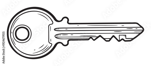 Simple line drawing of a generic house key symbolizing security and access, perfect for real estate, home safety projects, or graphic designs illustrating solutions and opportunities.