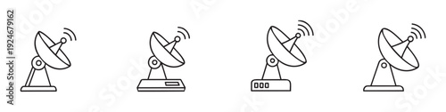 Modern satellite dish icon set for global communication and network technology, ideal for digital media interfaces, web applications, and infographic elements