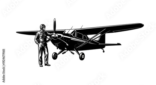 Black and white illustration of a pilot standing next to a small airplane
