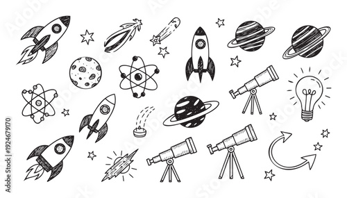 Hand drawn doodle style collection of space exploration and science discovery symbols featuring rockets planets telescopes and atoms perfect for educational and creative project resources