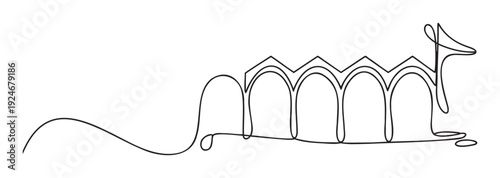 A continuous single line drawing depicts an abstract architectural structure with multiple arches and a spire, ideal for contemporary graphic projects, minimalist design aesthetics, or