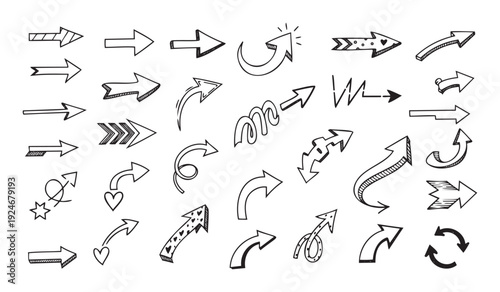 A diverse collection of expressive hand drawn directional indicators and various pointer symbols perfect for adding visual guidance and emphasis to presentations or educational materials.