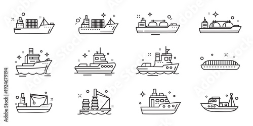 Collection of diverse ship and boat line icons representing marine transport and navigation, suitable for modern web interfaces, mobile applications, and infographic presentations