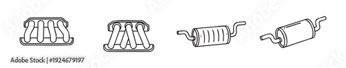 Automotive exhaust system parts line drawing collection including manifolds and mufflers for vehicle repair and emission control concepts