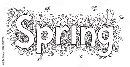 Joyful Spring season decorative lettering surrounded by blooming flowers leaves and insects perfect for coloring books educational materials and seasonal greetings activities