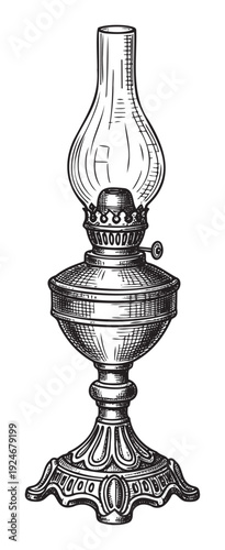 Detailed black and white engraving of a classic kerosene lamp, perfect for historical document references, period film set resources, and traditional home decor applications.