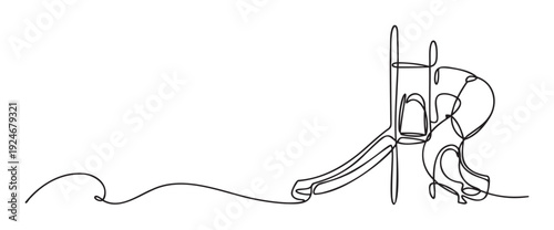 Minimalist continuous line drawing of a childrens playground slide structure, representing childhood memories and outdoor fun, ideal for educational materials or playful graphic projects.