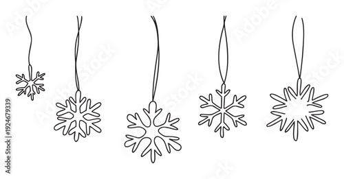 Decorative outlines of hanging snowflakes in various unique designs provide elegant winter holiday motifs perfect for seasonal greetings, festive decorations, and celebratory graphic