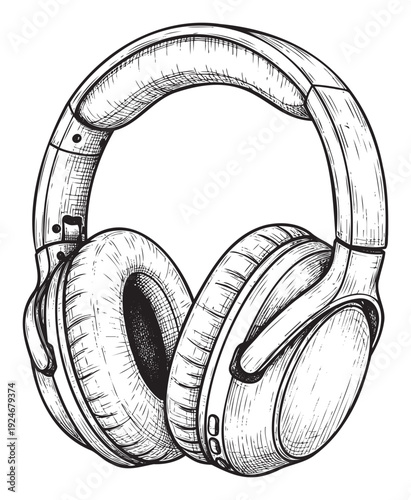 Engraved black and white drawing of contemporary overear headphones, ideal for illustrating sound technology concepts in music production guides or podcast advertisements