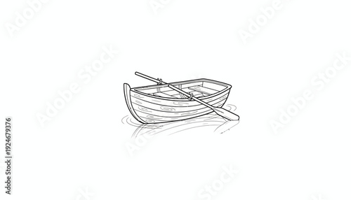 Rowboat with Oars on Water, Simple Line Art Illustration