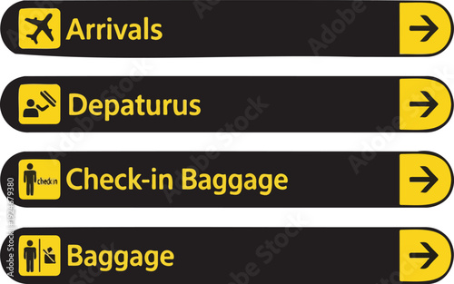 Airport navigation sign collection. Includes arrivals, departures, check-in baggage, and baggage signs with arrows. Created in flat style with black and yellow palette.
