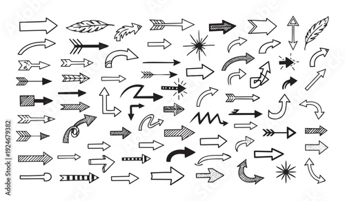 A comprehensive collection of hand drawn doodle arrows and direction pointers for graphic communication, website navigation, informational guides, and creative project indicators